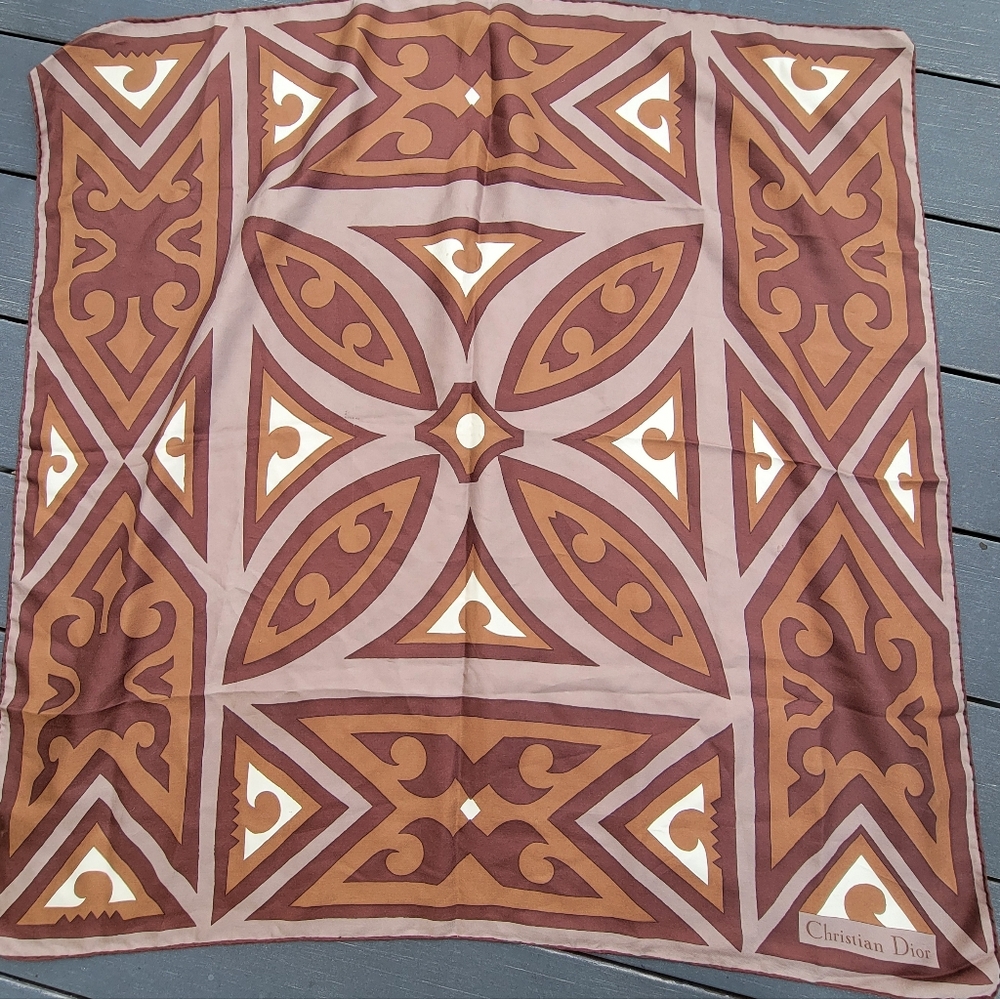 Vintage Christian Dior Brown &Tan Geometric Scarf Handrolled Edges 80s-90s - Picture 2 of 15